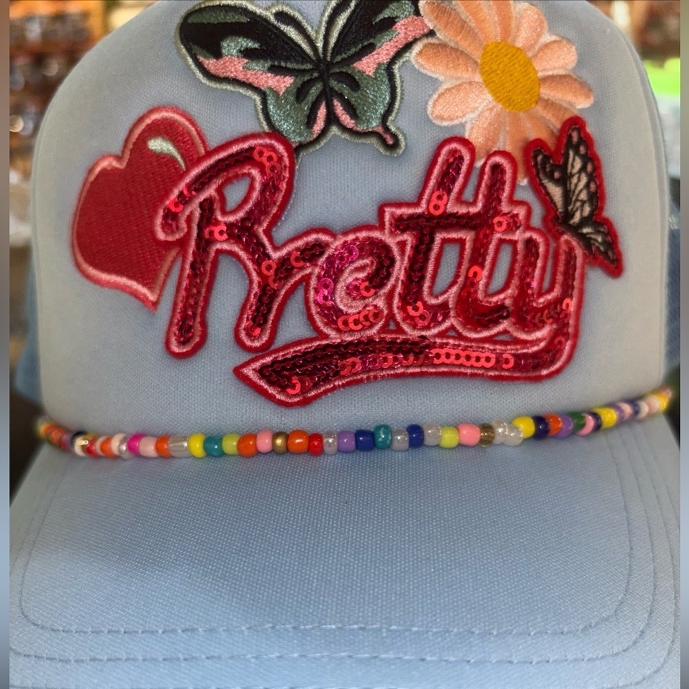 The Spring shop  Beaded Rhinestone Heart Butterfly Daisy Adjustable Cap NWT - Picture 2 of 11